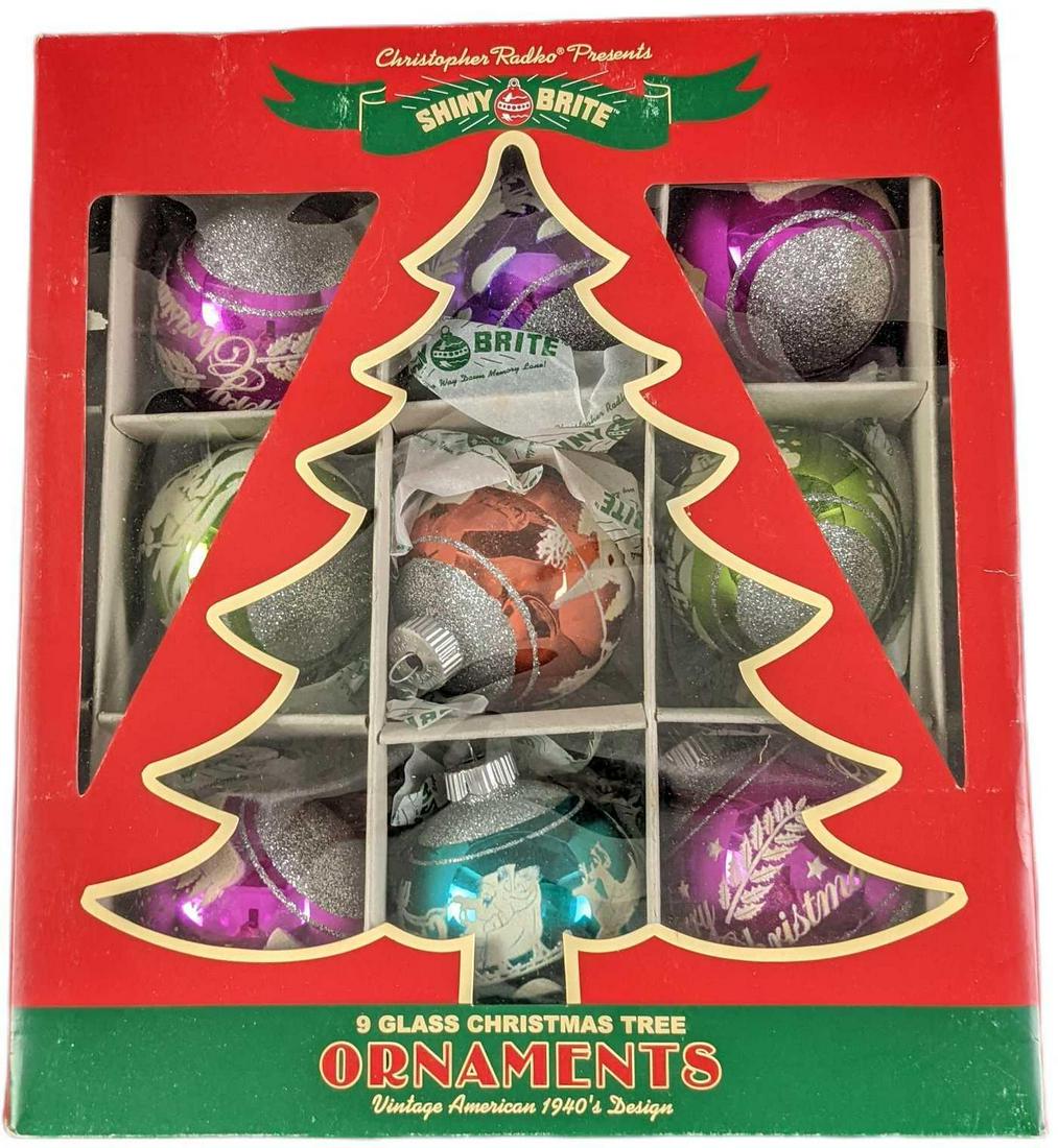 Nine Shiny Brite Radko Glass Christmas Ornaments: Nine Shiny Brite Radko Glass Christmas Ornaments: Vintage 1940s Designs. Was released in 2013. Comes in its original box which is approx 8 1/2" x 3" x 11" and it weighs (with ornaments inside) 0.70lb.