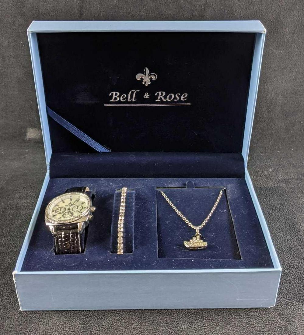 Watch with Jewelry Set Bell & Rose: Watch with Jewelry Set Bell & Rose This is a Bell & Rose watch and jewelry set that is like new in the original box. This set comes with a watch, bracelet, and necklace. The watch will need a new batt