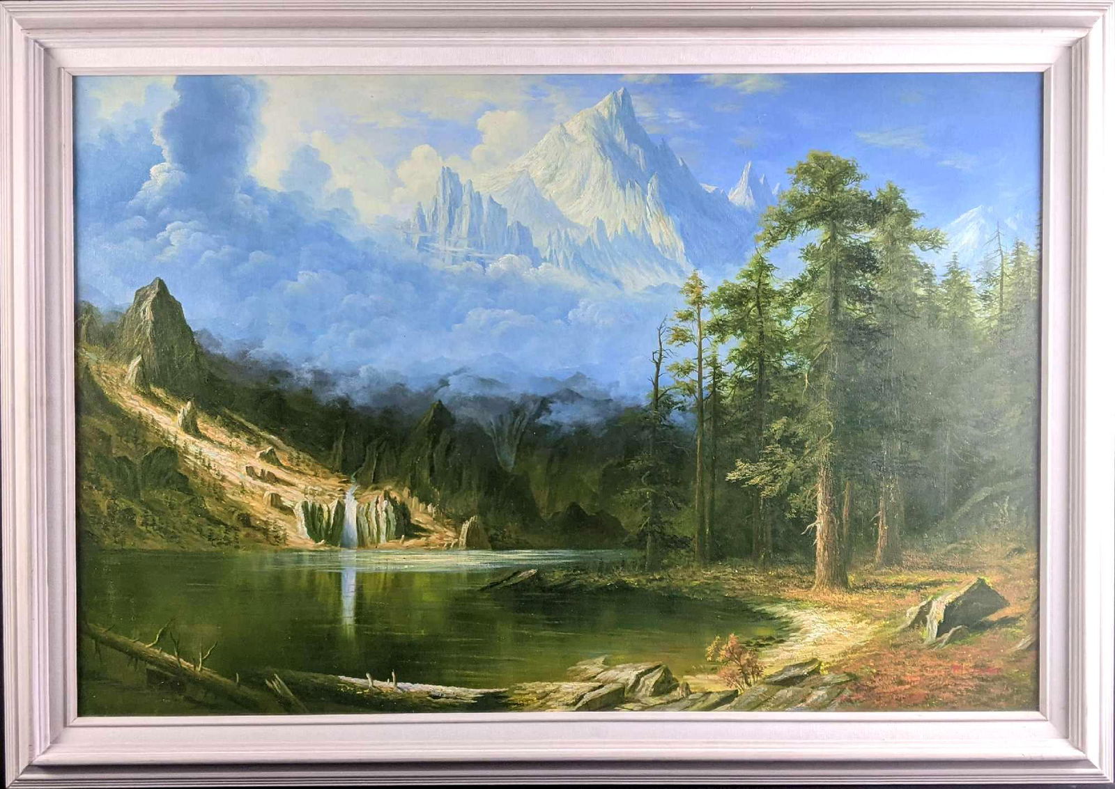 Forest and Mountains Oil Painting Framed on Canvas: Forest and Mountains Oil Painting Framed on Canvas This is a beautiful painting of a forest and mountainous landscape. It is done in oil and signed in red at the bottom right of the painting. There ar