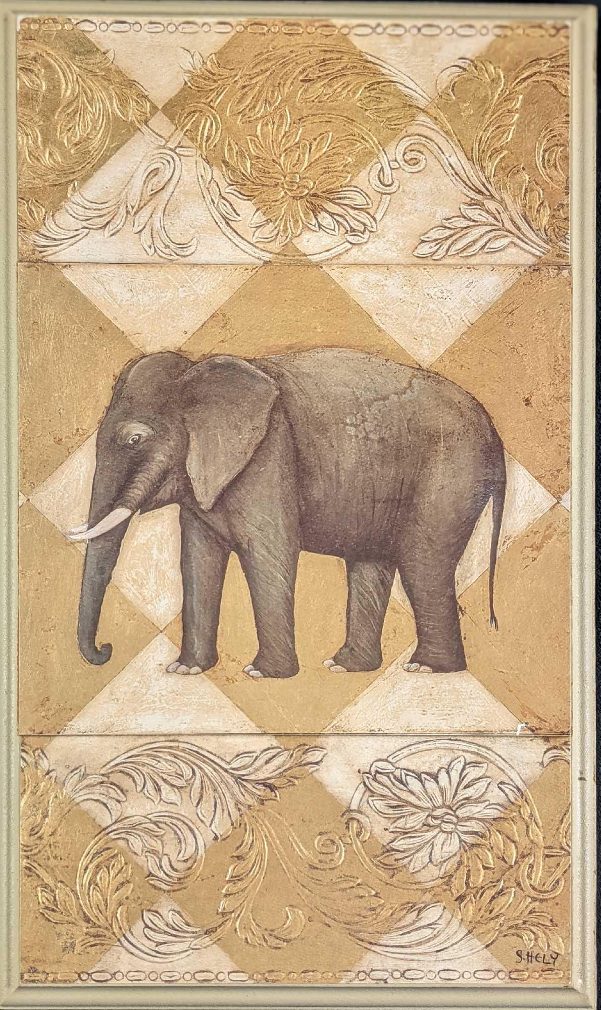 Shelley Hely Elephant Wall Plaque: Artist Shelley Hely's elephant print on a wood/particleboard. This s approx 9 1/2" x 1" x 16" and it weighs 2.79lbs. The wood panel is in a good, used condition with light wear on the edges of the ima