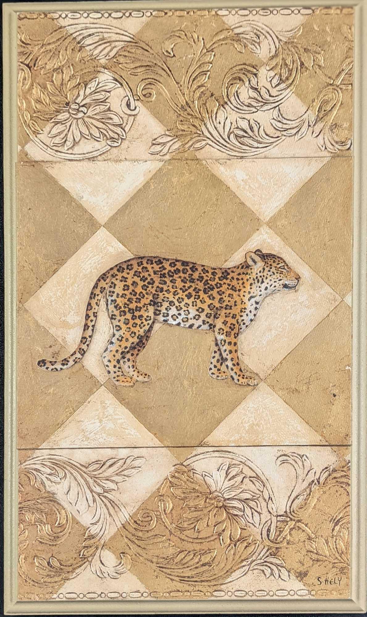 Shelley Hely Cheetah Wall Plaque: Artist Shelley Hely's cheetah print on a wood/particleboard. This s approx 9 1/2" x 1" x 16" and it weighs 2.91lbs. The wood panel is in a good, used condition with light wear on the edges of the imag
