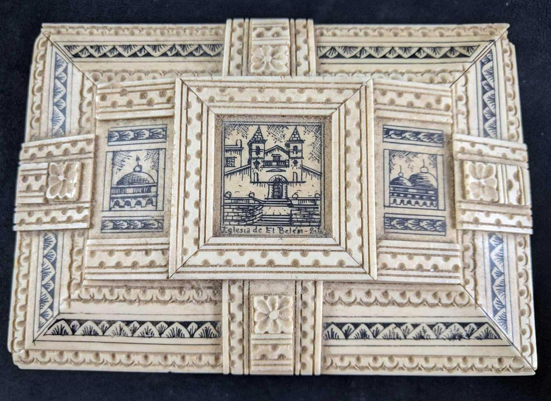 Hand Carved Bone Ecuadorian Box: Hand Carved Bone Ecuadorian Box This vintage box is carved from animal bone and hand-decorated from Ecuador. This antique Ecuadorian hand-carved bone box features etchings of famous Ecuadorian churche