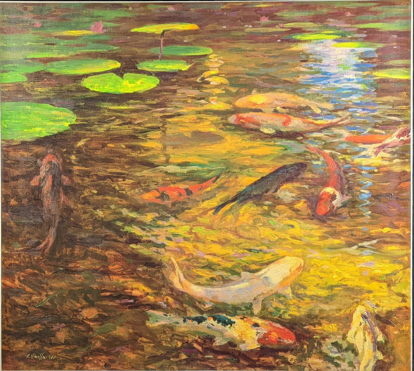 LE Embellished Ray Vinella Koi Fish Print On Canvas: Artagraph Limited Edition Koi Fish Pond By Ray Vinella Embellished Print On Canvas. This one is #494 out of #1200. The signature appears to be part of the print. The print on canvas is approx 30" x 7/