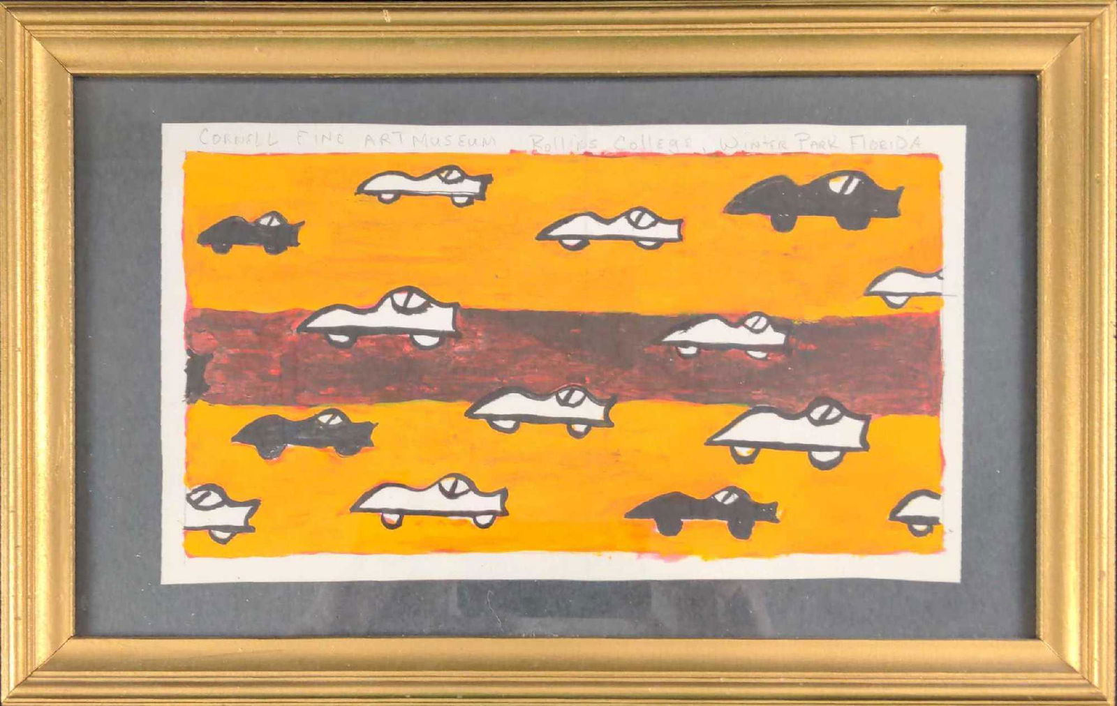Original Robin Van Arsdol Mini Original Cars X1: Original Robin Van Arsdol acrylic on paper. This is based off his much bigger "Right Of Way". This is approx 16 1/2" x 1" x 10 1/2". The original on paper is approx 11 3/4" x 7". Framed original is in