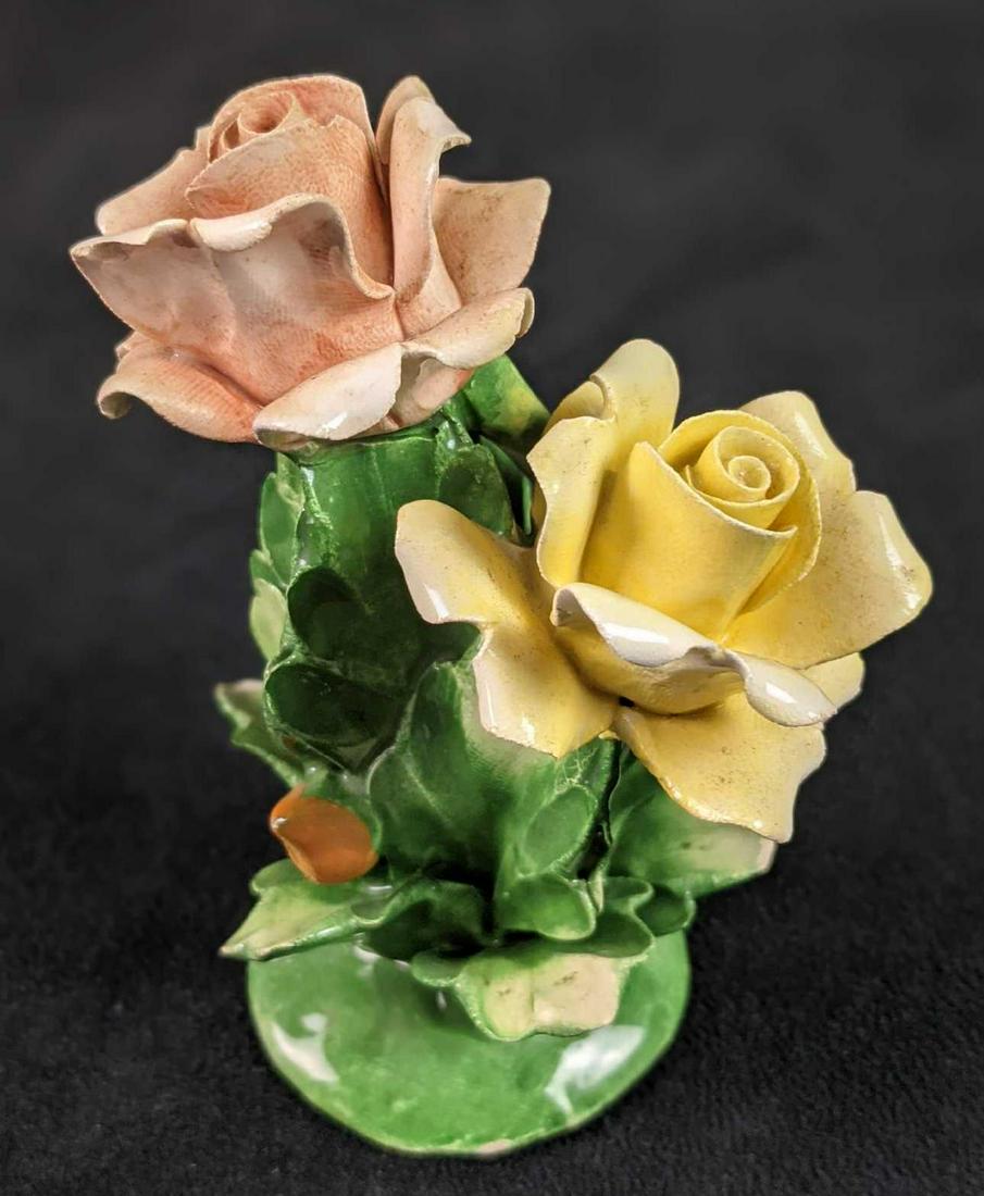 Vintage Italian Capodimonte Decorative Porcelain Pink: Vintage Italian Capodimonte Decorative Porcelain Pink And Yellow Roses. Roses are approx 3" x 2 1/2" x 4 1/2". Roses are in a good, vintage condition with one small chip on a leaf and another on the b