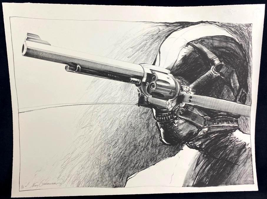 Nancy Grossman "The Road to Life" Signed Serigraph: Nancy Grossman "The Road to Life" Signed Serigraph This print is a 2-dimensional interpretation of one of Nancy Grossman's famous sculptures. It features a man with a gun tightly strapped to his face,