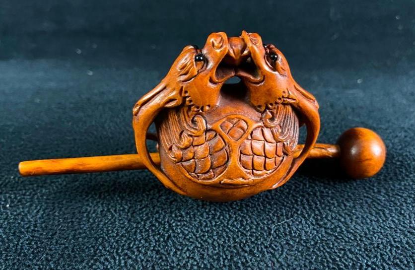 Hand-Carved Wooden Netsuke Bead - Dragon Fish Gong (1 of 5)