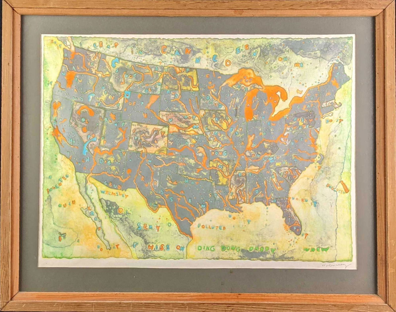 Framed Bill Walmsley Fluorescent Ink Lithograph USA Map (1 of 8)