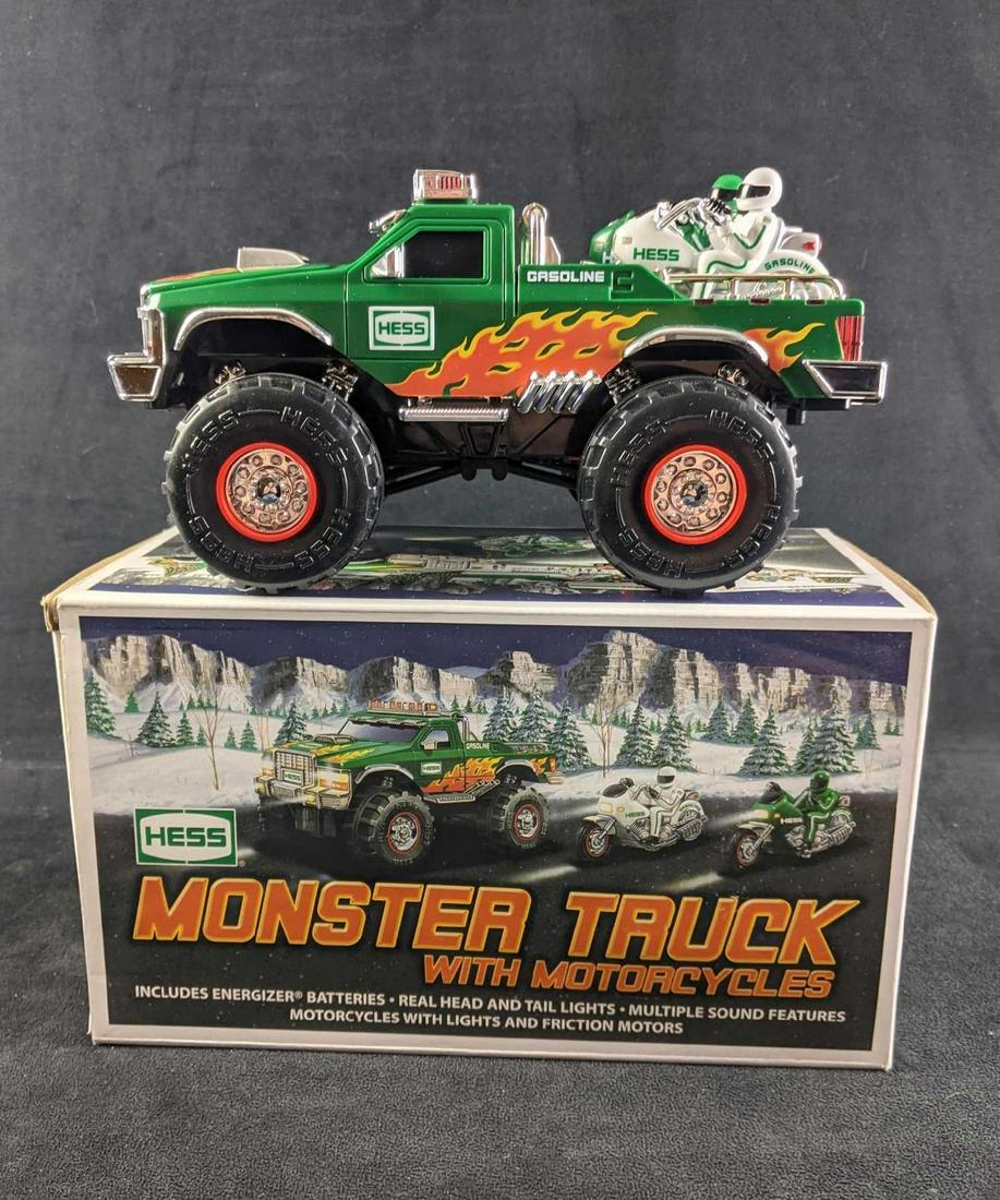 Hess Toy Monster Truck with Motorcycles: Hess Monster Truck with Motorcycles This 2007 Hess Monster Truck has flashing lights and 3 different sound features. The motorcycles have lights and friction motors. New condition comes with the origi