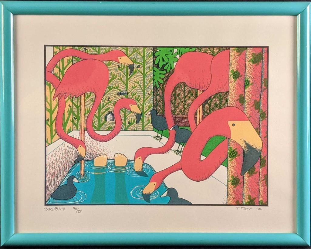 Framed Teresa Farr LE Bird Bath Flamingo Serigraph (1 of 6)