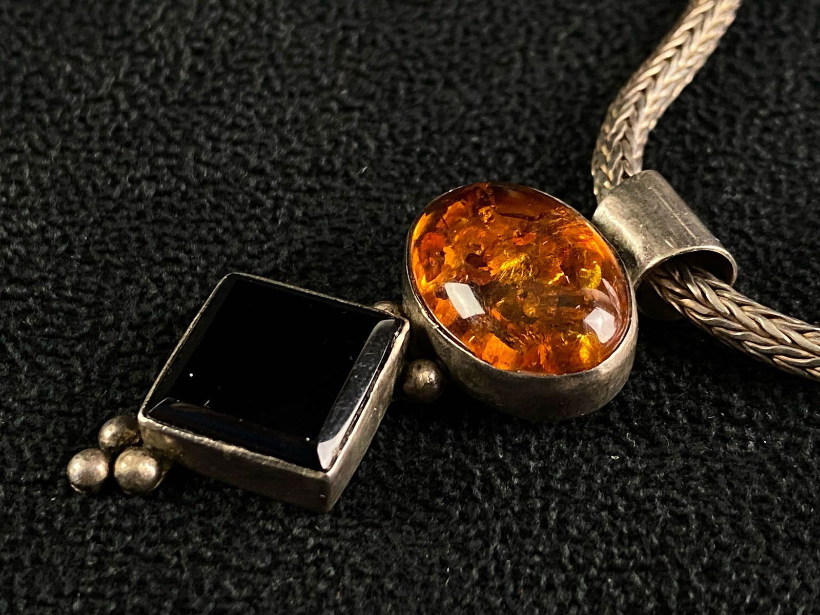 Antique Sterling Wheat Link Necklace & Amber Onyx Pendant (1 of 8)