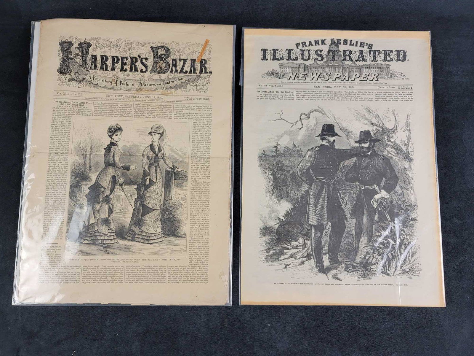 1880 Hapers Bazar 1864 Frank Leslies Newspapers: This lot contains 2 antique reissue newspapers from the 1800's: 1- Frank Leslie's Illustrated Newspaper, New York, May 28, 1864. No. 452 Vol.XVIIL. Depicts Lieut. Gen. Grant's meeting with Major Gen. 
