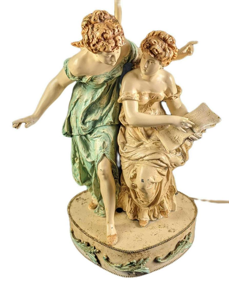 Vintage Antique Spelter Cast Table Lamp Figural Two Ladies: Vintage Antique Spelter Cast Table Lamp Figural Of Two Ladies With A Music Book. Maker and date of creation is unknown, but it is most likely this lamp is from the 1940s. Light fixture appears to have
