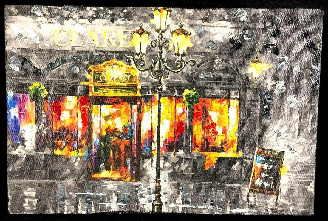 "Misty Cafe" Painting by Leonid Afremov w/ Certificate of Authenticity: Painting by Leonid Afremov titled "Misty Cafe" and painted with Limited Edition Giclee and hand embellished with acrylic. Signed by the artist on the reverse of the canvas. Originally purchased by Ron