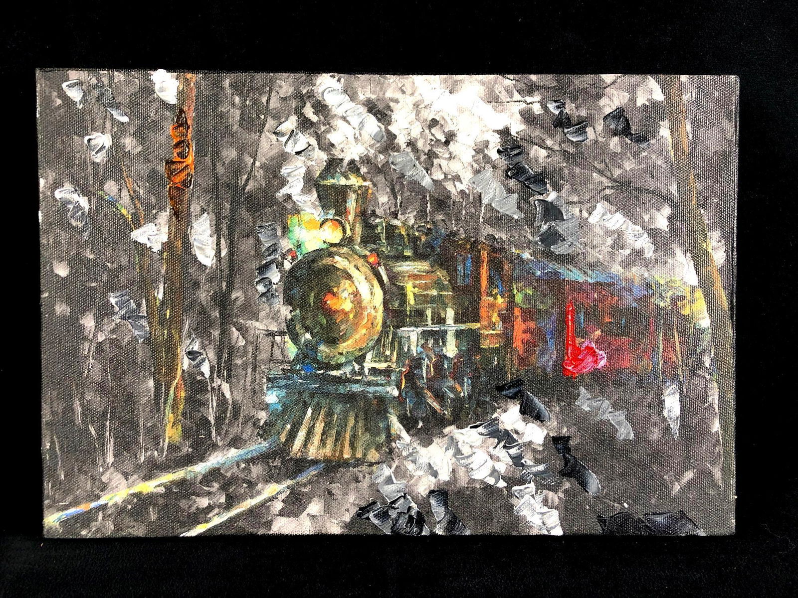 "Old Train" Painting by Leonid Afremov w/ Certificate of Authenticity: Painting by Leonid Afremov titled "Old Train" created with Limited Edition Giclee and hand embellishments with acrylic. Also provided is the certificate of authenticty from Leonid Afremov Studio. Rece