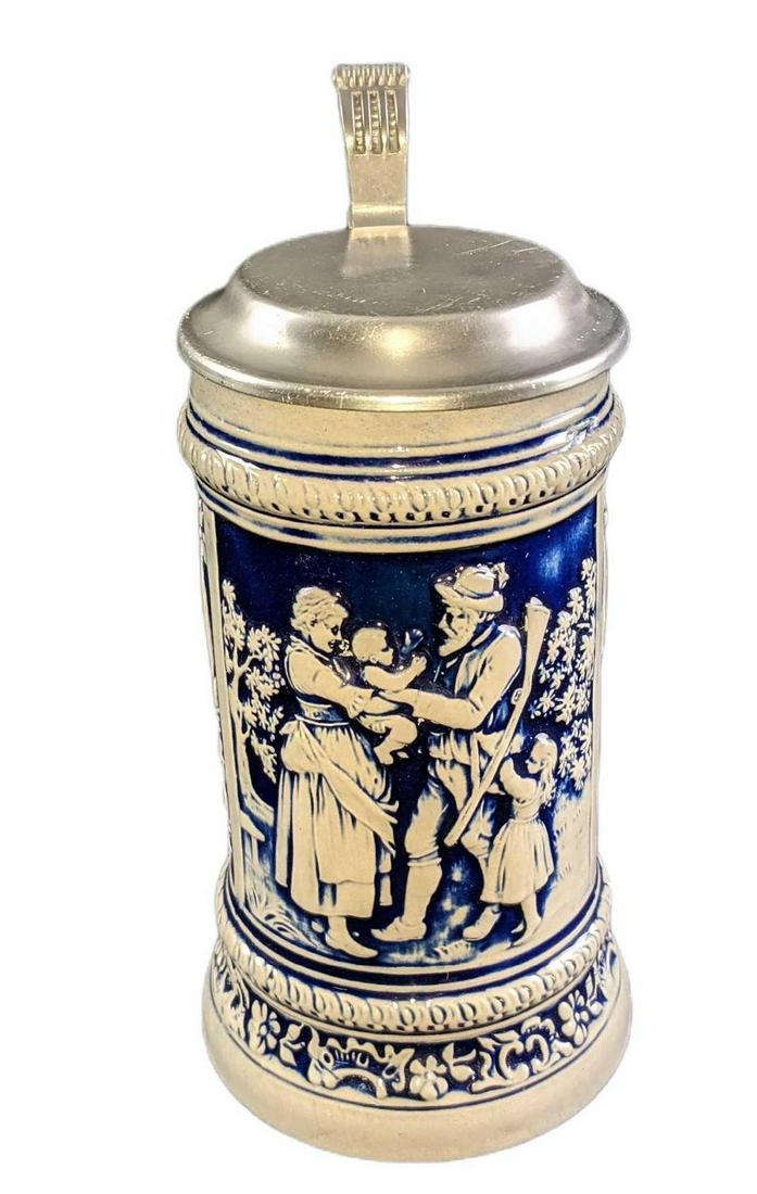 Vintage German Pewter Lidded Blue & White Beer Stein (1 of 8)