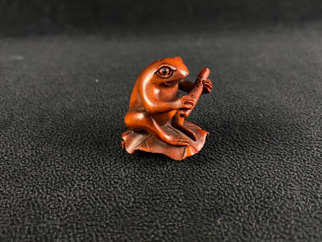 Hand-Carved Wooden Ojime Bead - Frog With Flute (1 of 4)