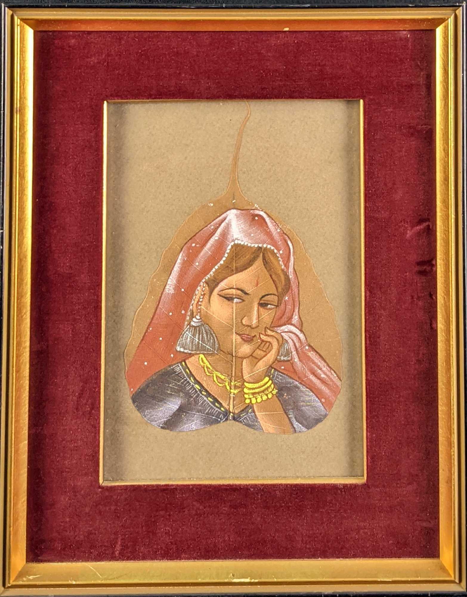 Vintage Oil Painting On Peepal Tree Leaf Lady (1 of 5)