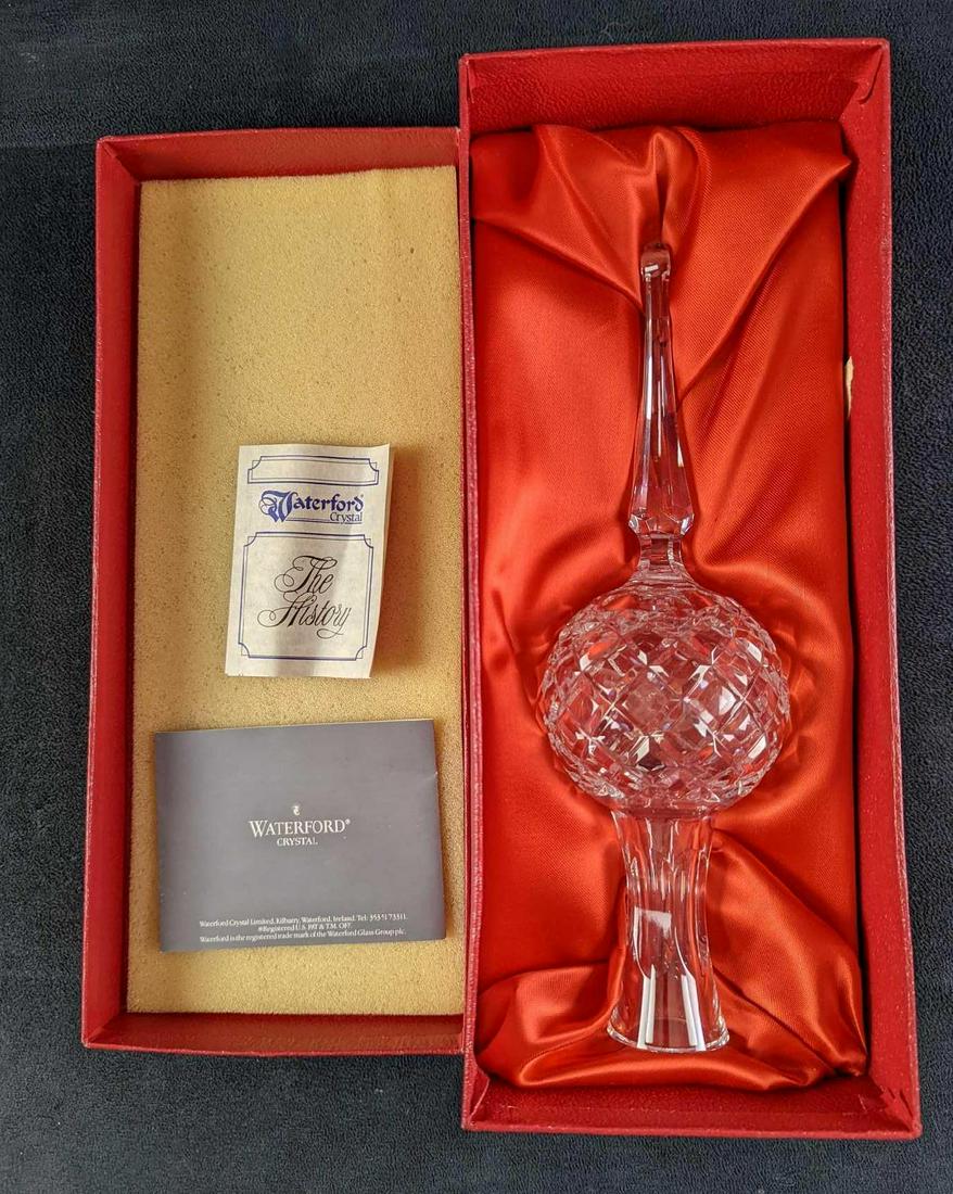 Waterford Christmas Holiday Crystal Tree Topper: Waterford Crystal Tree Topper With Rounded Top. It comes in its original box which is approx 5" x 12" x 3 1/4" and it weighs 1.36lb. The tree topper is approx 3" x 3" x 10". The tree topper is in a go