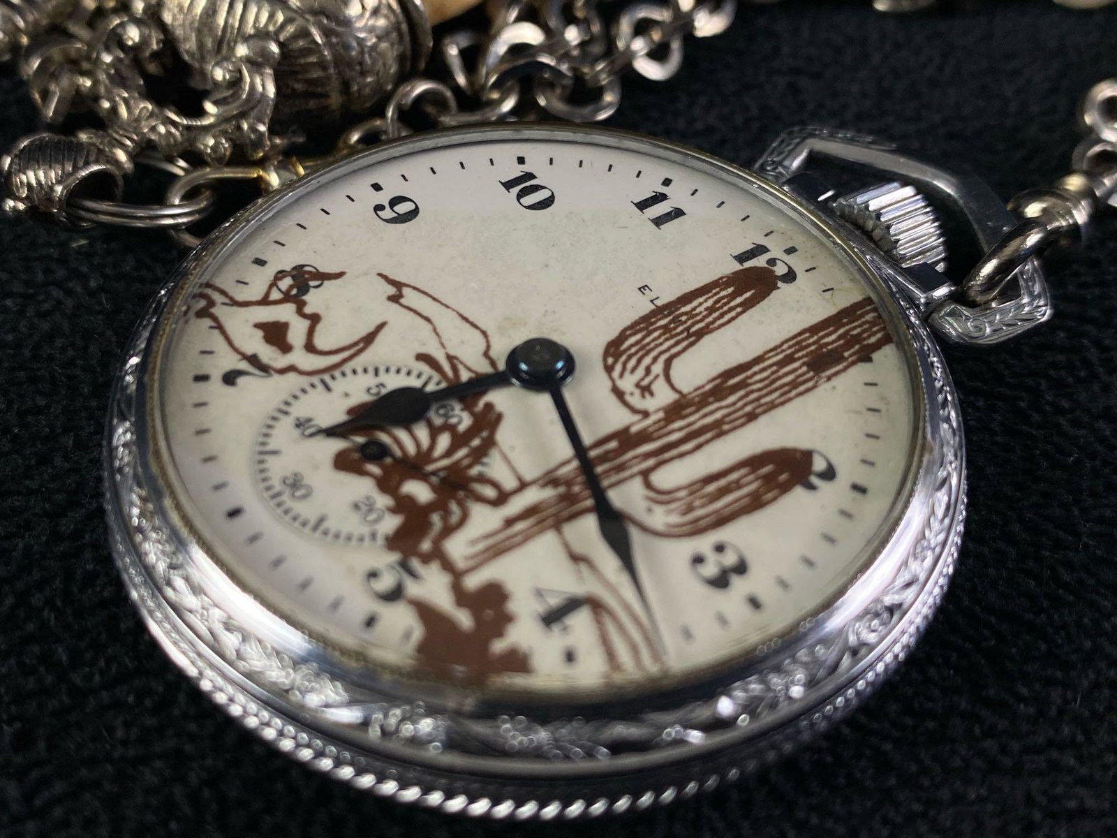 Unique Antique 1927 Elgin 16S 15J Hand Painted Cactus Dial Pocket Watch (1 of 16)
