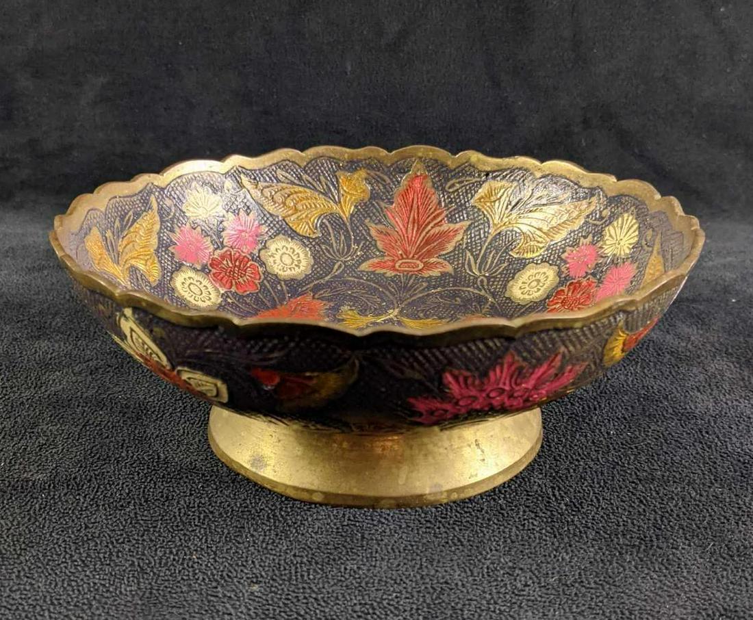 Brass Etched Bowl With Enamel Inlay: Brass Etched Bowl With Enamel Inlay This beautiful brass etched bowl has color inlay with blue, pink white, and red. This bowl is in good condition with a little tarnish. This charming bowl is a great