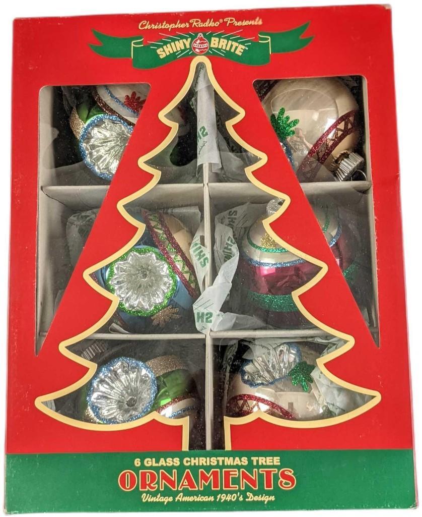 Six Shiny Brite Radko Glass Christmas Ornaments: Six Shiny Brite Radko Glass Christmas Ornaments: Vintage 1940s Designs. Was released in 2013. Comes in its original box which is approx 8 1/2" x 3" x 11" and it weighs (with ornaments inside) 0.73lb.