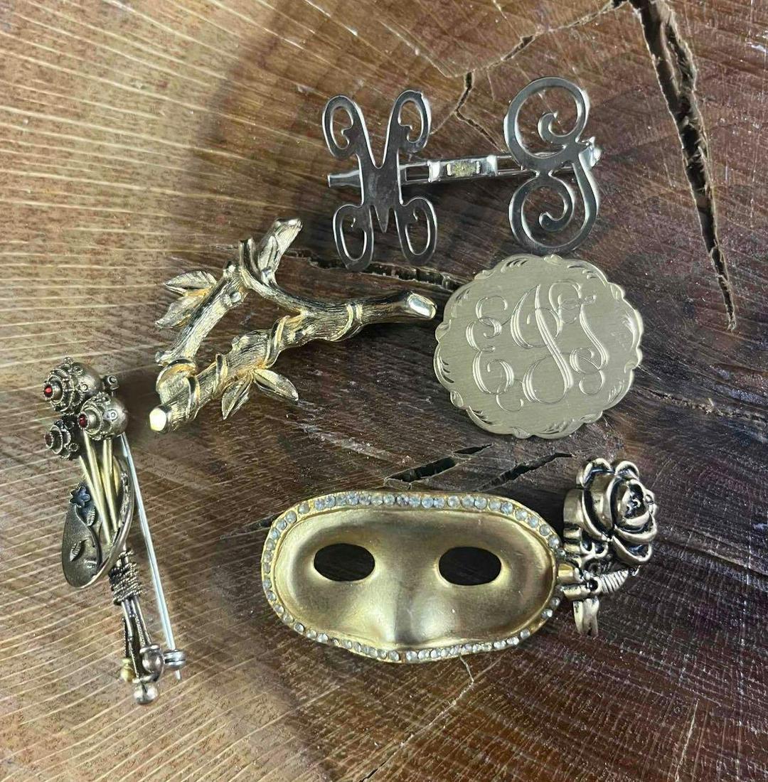 Six Gold Colored Brooch Pins Flower, Drama, Nature