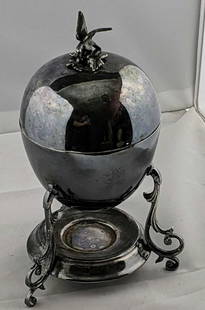 Vintage Silver Plate Egg Coddler: Vintage Silver Plate Egg Coddler. The maker and date of creation is unknown. Is missing its tea candle holder. Is approx 5" x 5" x 9". Is in good, vintage condition with some wearing and tarnish.