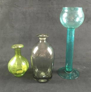 Set of 3 Colored Glass Vases: Set of 3 Colored Glass Vases. These three vases are in good condition. They need to be cleaned but the glass is undamaged. The set includes: Aquamarine "International Silver Company" brand vase-