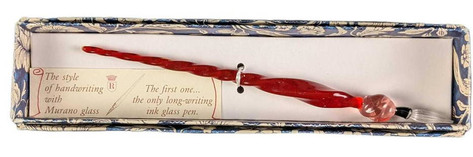 Murano Glass Caligraphy Red Fountain Pen: This glass pen is from Murano, home of world-famous glass-makers. It is a functional work of art. Never used glass pen comes in its original box which is approx 7 3/4" x 2" x 1 1/2" and weighs less