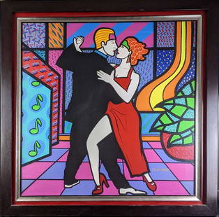 Large Valter Morais Embellished The Tango Canvas: Valter Morais Embellished "The Tango" Canvas. Is approx 48" x 2" x 48 1/2". Comes with the COA on the back. Is in a good, used condition with light markings on the canvas. Please see images for