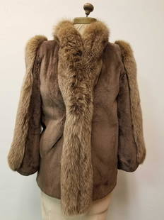 Sheared Lamb with Fox Trim Midlength Coat by WM Pinkers San Francisco: This unique sheared lamb with fox trim jacket is by WM. Pinkers from San Francisco. This coat features a unique design on arm sleeve, brown fabric linen interior with the initials "A.R.C." inside the