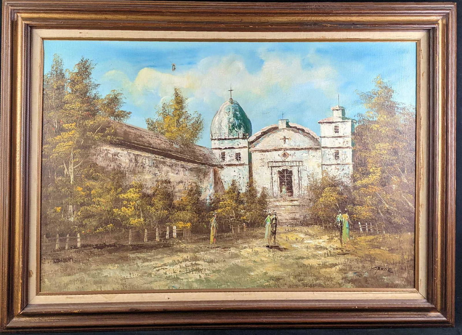 Vintage Sarde Oil On Canvas Mexican Mission Church: Vintage Sarde Oil On Canvas Mexican Mission Church. Artist signed on the bottom right. The framed original is approx 43" x 2" x 32" and weighs 8lbs. The original oil on canvas is approx 35" x 25". The