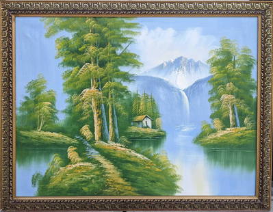 Original Painting Oil Impressionist Painting: Original Painting Oil Impressionist Painting This oil painting shows a wonderful forest scene with a grand waterfall in the background. This painting is in good condition with a small dimple on the