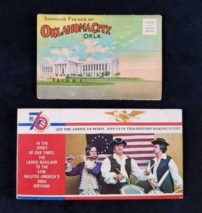 Lot of 2 Vintage American Souvenir Postcard Booklets: This lot of 2 vintage American souvenir postcards booklets features a Souvenir Folder of Oklahoma City, OKLA and "Spirit Of Our Times": In the spirit of our times, the ladies auxiliary to the V.F.W.