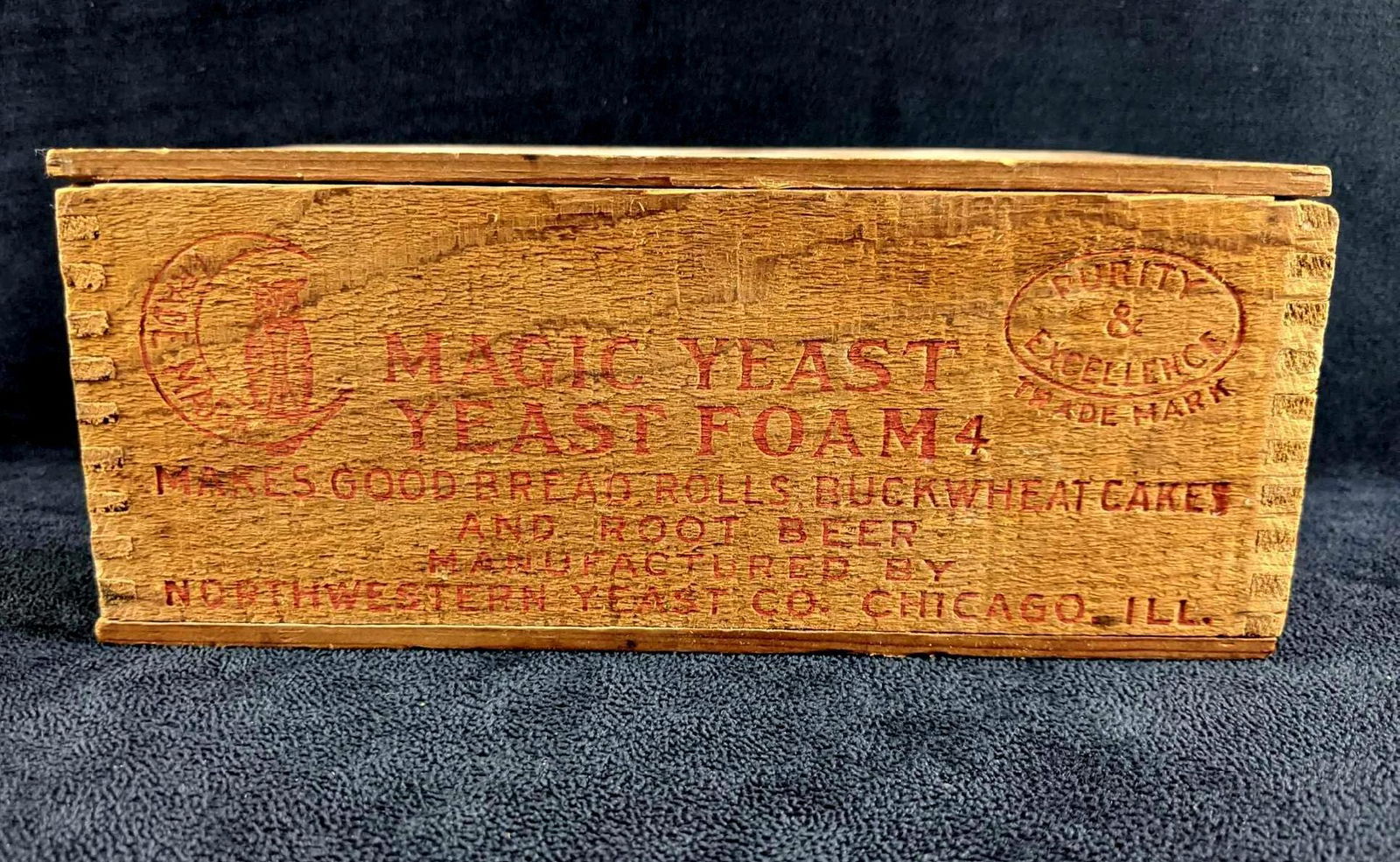 Antique Box Magic Yeast Yeast Foam Product Box: Antique Box Magic Yeast Yeast Foam Product Box This is an old wooden box with the product advertising itself, Magic Yeast Foam. This box has two of the company's trademarks and on the reverse says "Sc