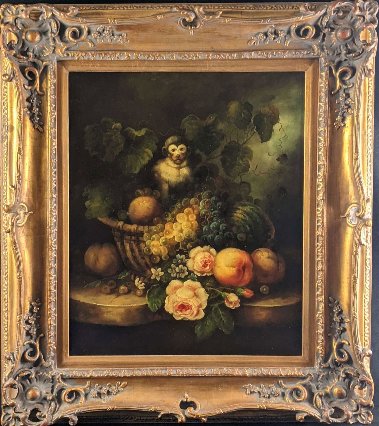 Vintage Original Oil On Canvas Monkey With Fruit Bowl (1 of 7)