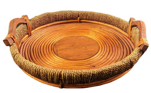 Vintage Wood Vine Basket With Rattan Binding: Vintage Hand Made Wood Vine Basket With Rattan Binding. The maker and date of creation are unknown. The basket is approx 14" x 14" x 3" and it weighs 1.08lb. The basket is in a good, vintage