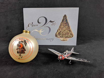 Lot Of Three Travel Ornaments With An Special Exclusive Hallmark Ornament: This lot includes one Hallmark Keepsake "Spartan Model 7-W Executive: Sky's The Limit" from 2004. This is approx 4" x 3" x 1". This also comes with an unmarked Hallmark Memory card. "Lake Wales,