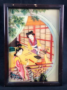 Chinese Painting Wall Art Glass Framed: Chinese Painting Wall Art Glass Rosewood Framed Ancient China Women Artist Paint Brushes D Chinese women dress in their traditional garments setting up their paintbrushes at home. The glass is