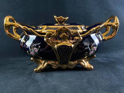 Elegant Turkish Cobalt & Gold Tureen: Elegant Turkish Cobalt & Gold Tureen Turkish-made ceramic tureen painted in cobalt and gold. Very ornate with hand painted birds and flowers as well. An excellent decor piece, with a removable lid