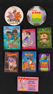 Nine Disney Promotional Buttons And Badges: This lot includes: (1) Disney's The Jungle Book -Now On Video- Is approx 2" x 3". (1) Disney Celebrates The United Way With Esmeralda From The Hunchback of Notre-Dame. Is approx 2" x 3". (1) A Kid In