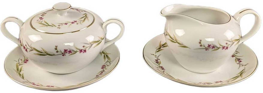 Prestige Fine China Of Japan Sugar Bowl & Creamer W Saucers: This design was originally released in 1981. This Design Has Purple Flowers, Green & Gold Leaves. This lot consists of: (1) Creamer. This is approx 5" x 4" x 3". It weighs under one pound at 0.37lb.