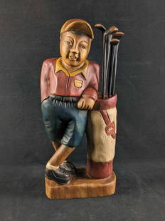 Golfer/Caddy Wooden Statue Golfing: Golfer/Caddy Wooden Statue Golfing This is a wooden golfer or golf caddy statue with removable small clubs. This is a cute statue in great condition with no known damage. Perfect for any golf