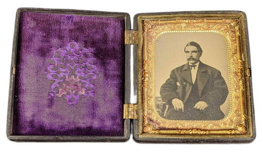 Antique Tintype Portrait W Gutta Percha Case Gentleman W Mustache: Gutta Percha Case With Tintype Of An Well Dressed Man With An Mustache. Case and portrait are in good, antique condition with light wear on the case and some heavy wear on the cushion on the left The