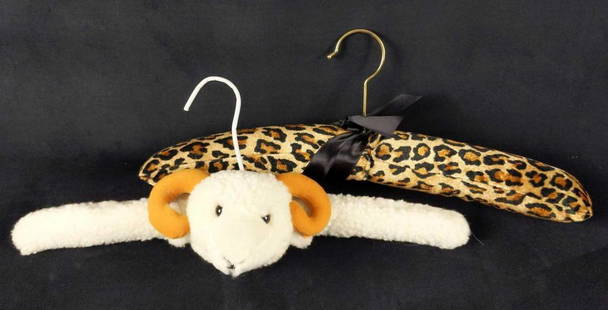 Two Cute Plush Animal Clothes Hanger: This lot consists of two animal-themed plush clothing hangers. One is a white sheep clothing hanger with a cute plush head, and the other is a cheetah fur pattern hanger. Both are in good, unused