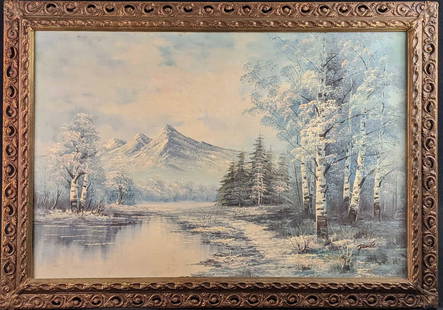 Vintage Winter Mountains Scene Original Oil On Canvas: Here is an original oil on canvas of a winter scene at the mountains. Original is signed on the bottom right. Framed original is approx 41" x 1" x 29". Original on canvas is approx 35" x 23". Is in a