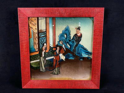 Framed Antique Chinese Reverse Glass Painting Noble Ladies Courtship