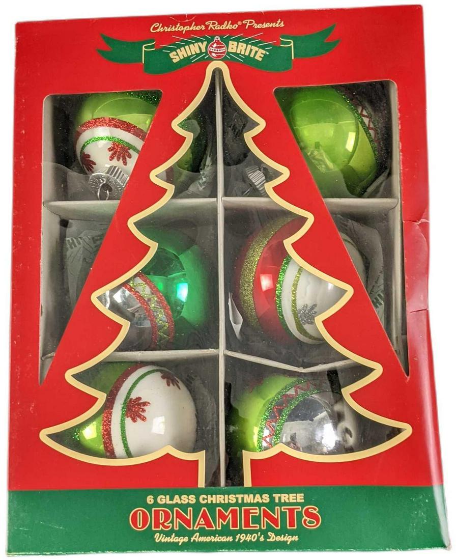 Six Shiny Brite Radko Glass Christmas Ornaments: Six Shiny Brite Radko Glass Christmas Ornaments: Vintage 1940s Designs. Was released in 2013. Comes in its original box which is approx 8 1/2" x 3" x 11" and it weighs (with ornaments inside) 0.73lb.