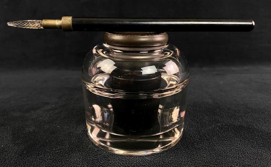 Antique Self-Closing Inkwell and Glass Dip Pen (1 of 7)